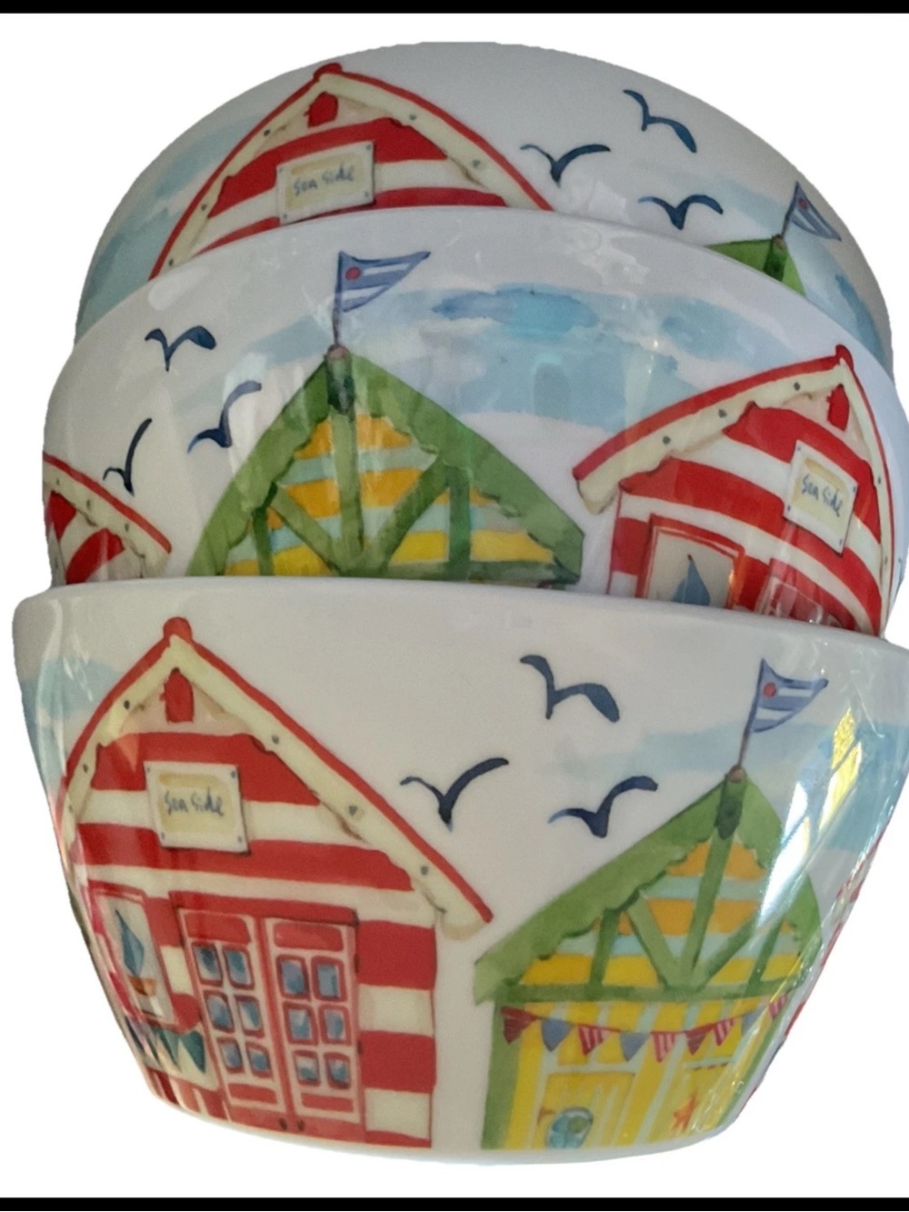 Set of 3 Beach House  Pattern Bed Bath Beyond Melamine Cereal Bowls DW Safe